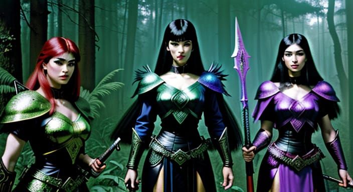 Warrior Goddesses in Retrofuturist Pop Art Forest