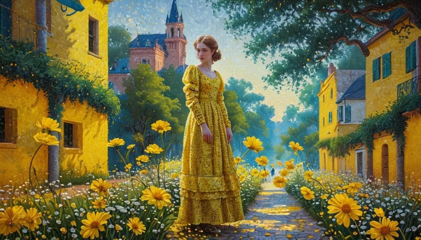 Victorian Woman in Yellow Dress: A Pointillism Portrait