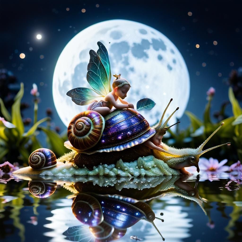 Fairy Asleep on Snail in Moonlight