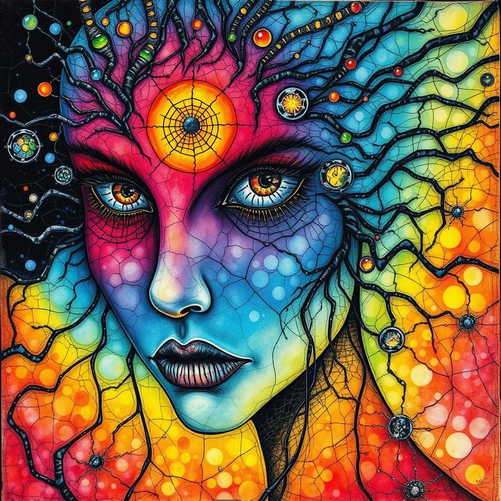 Dendritic Lady in Vibrant Watercolor and Digital Art