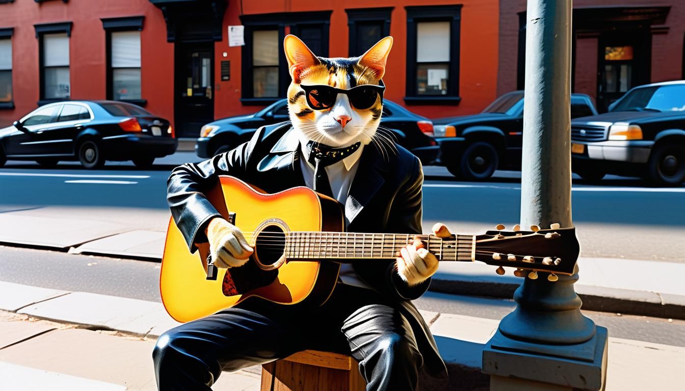Calico Cat Guitarist in Greenwich Village as Oil Painting
