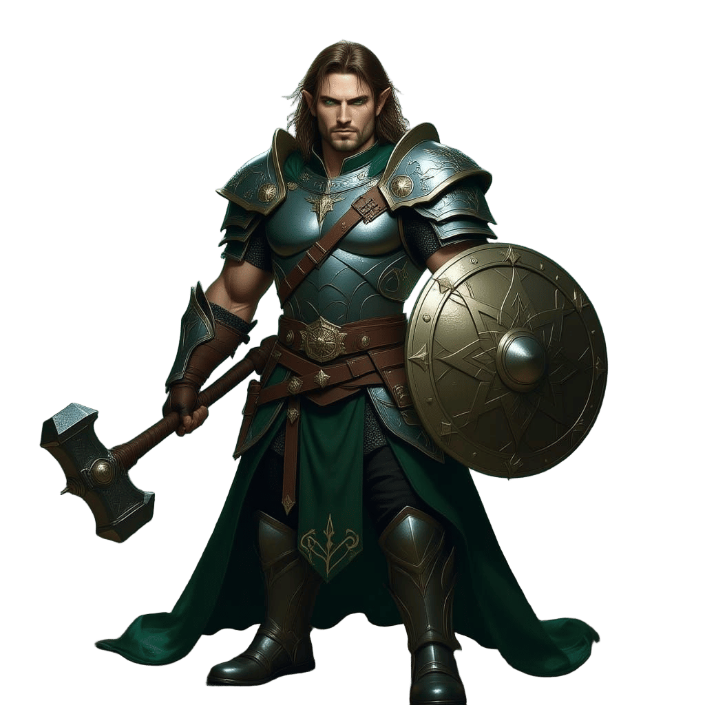 Half-Elf Paladin with Hammer and Shield in Ancient Forest