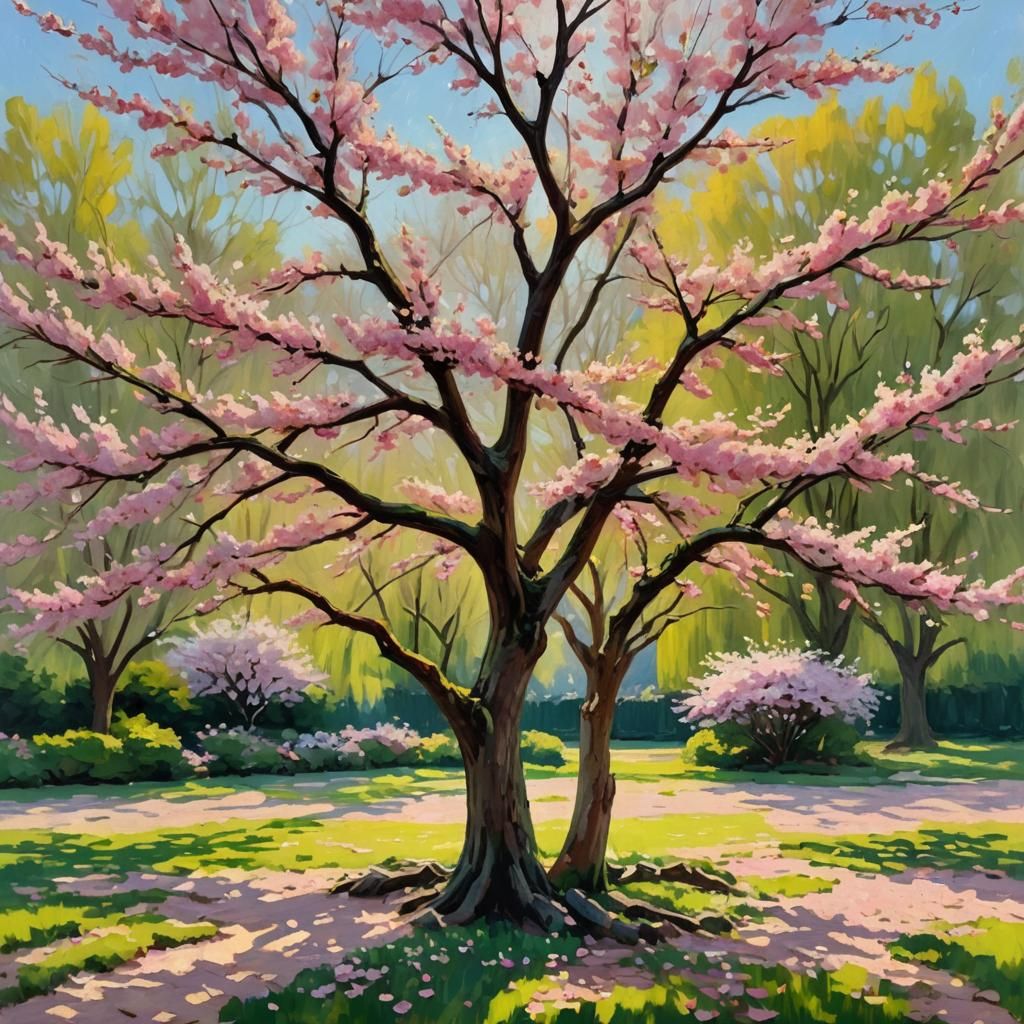 Impressionist Cherry Tree in Bloom: Monet-inspired Oil Paint...