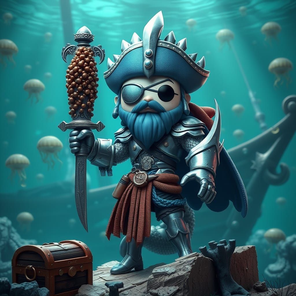 Heroic Merman Pirate on Sunken Ship in Funko Pop Style