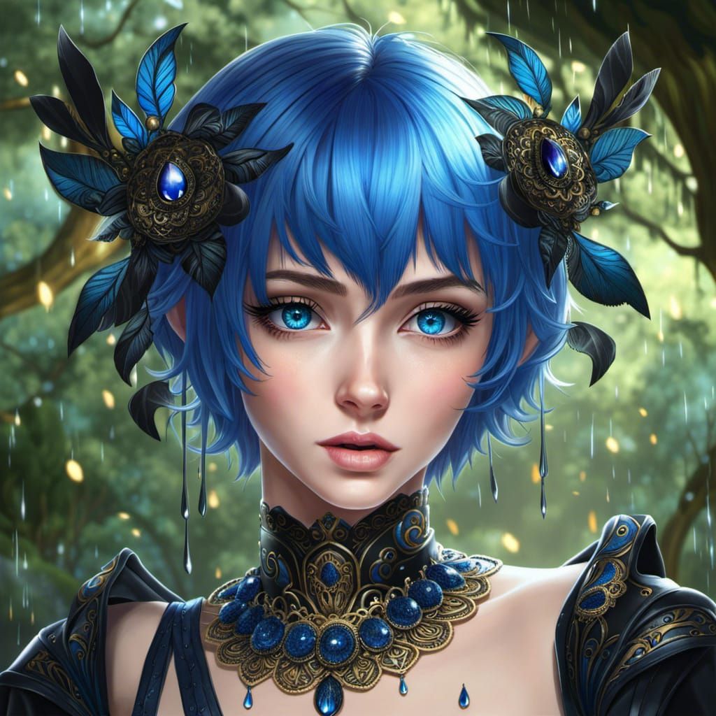 Anime Raver Woman in Rainy Forest