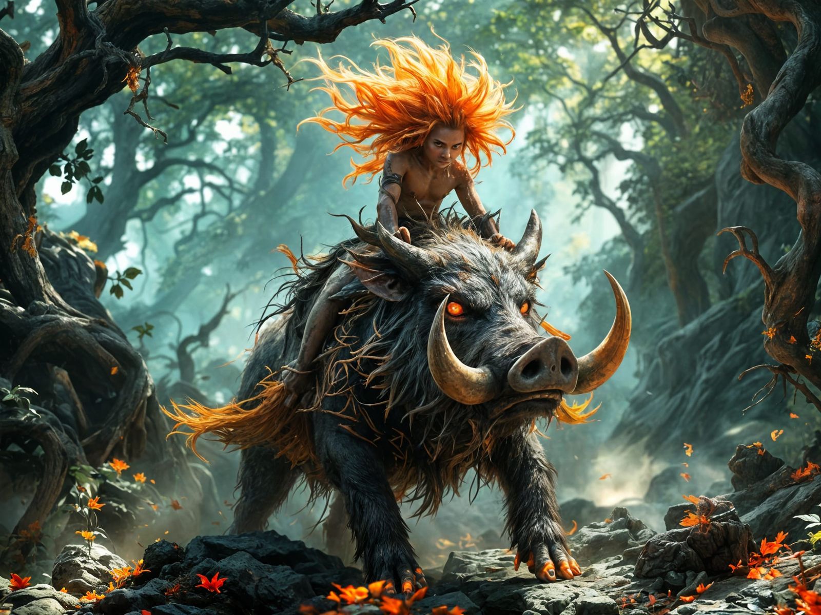 Fantasy Boy Rides Fiery Hog Through Magical Jungle