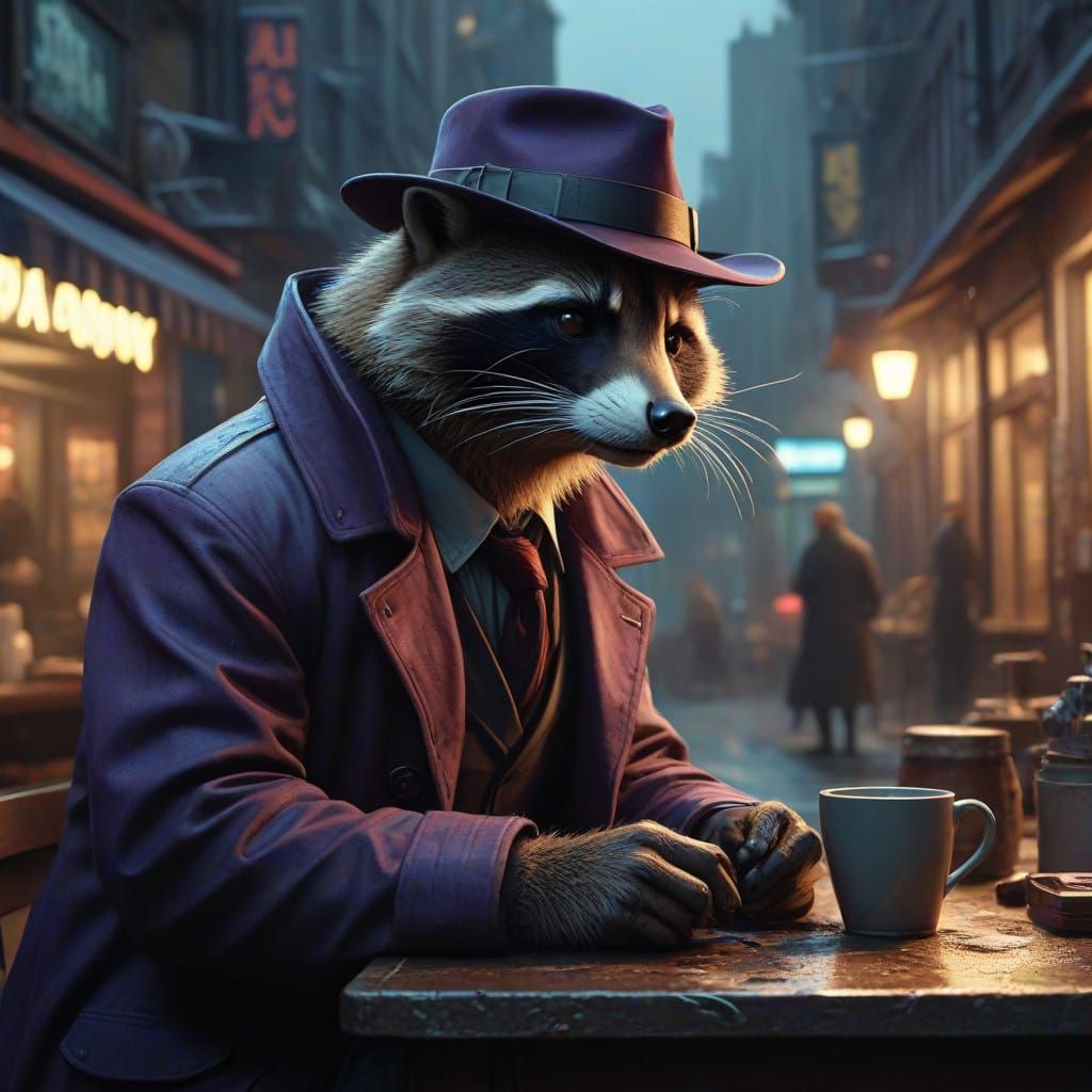 Sleuthful Raccoon in Rainy City Noir Scene