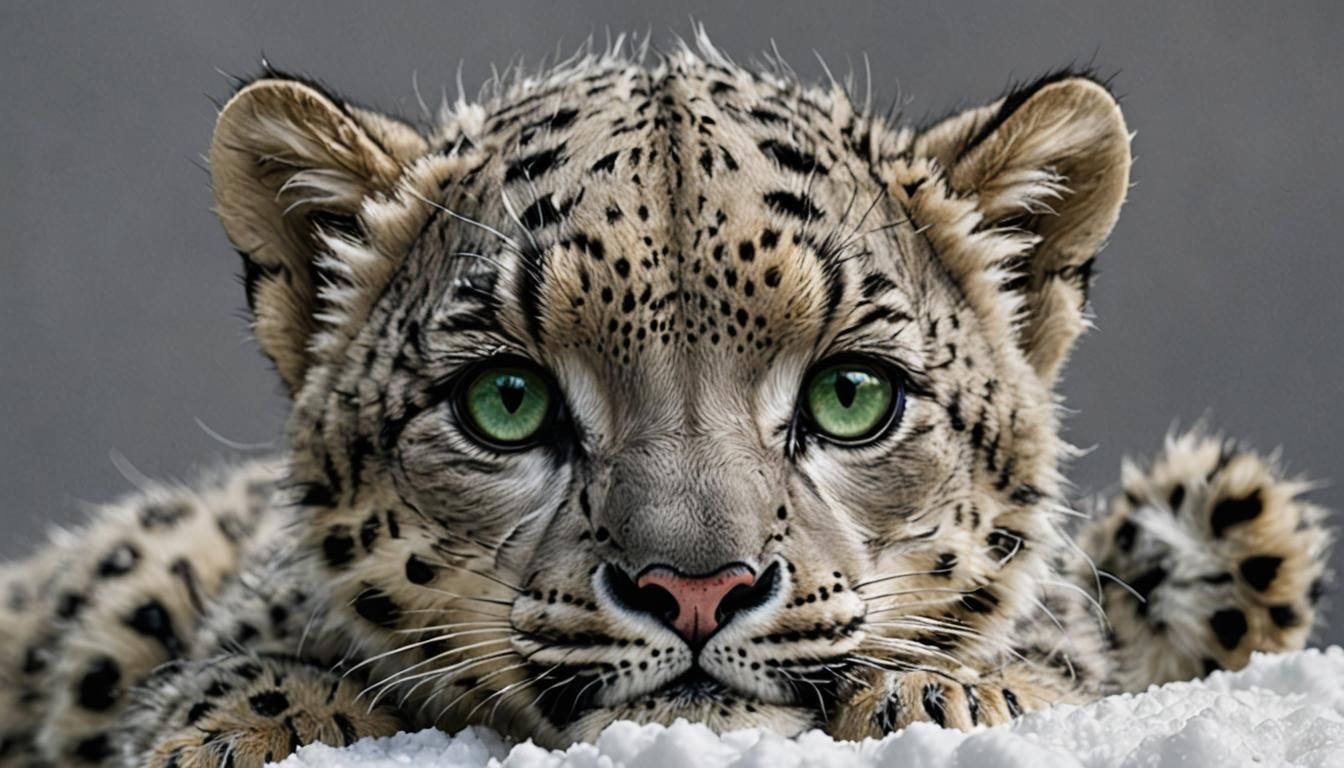 Photorealistic Newborn Snow Leopard with Robotic Eyes