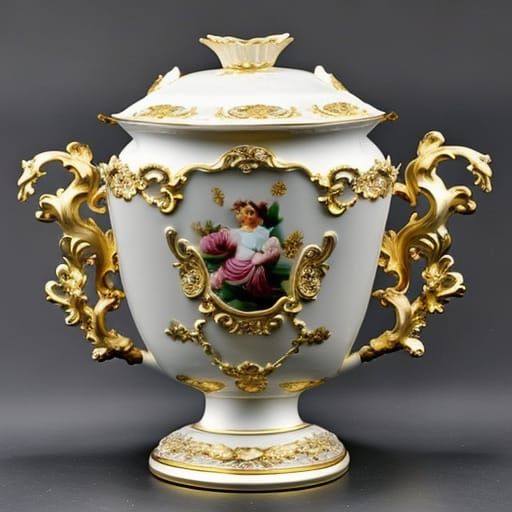 Antique Meissen Vase with Cherubs and Roses