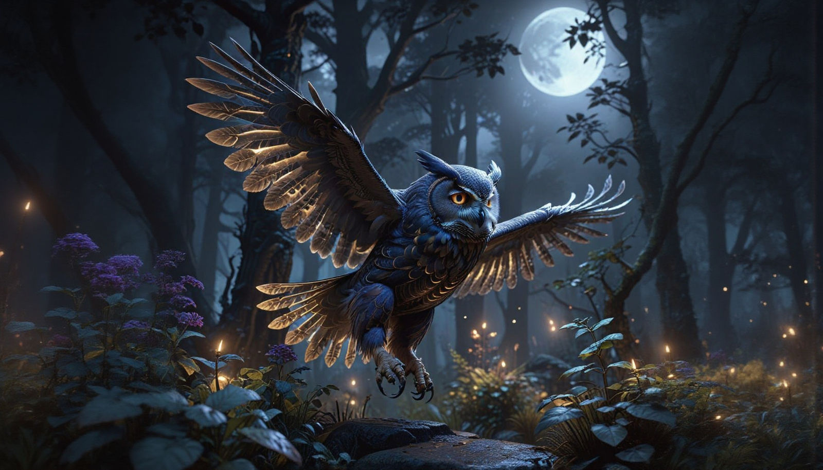 Owl Soaring in Bioluminescent Forest, Digital Art