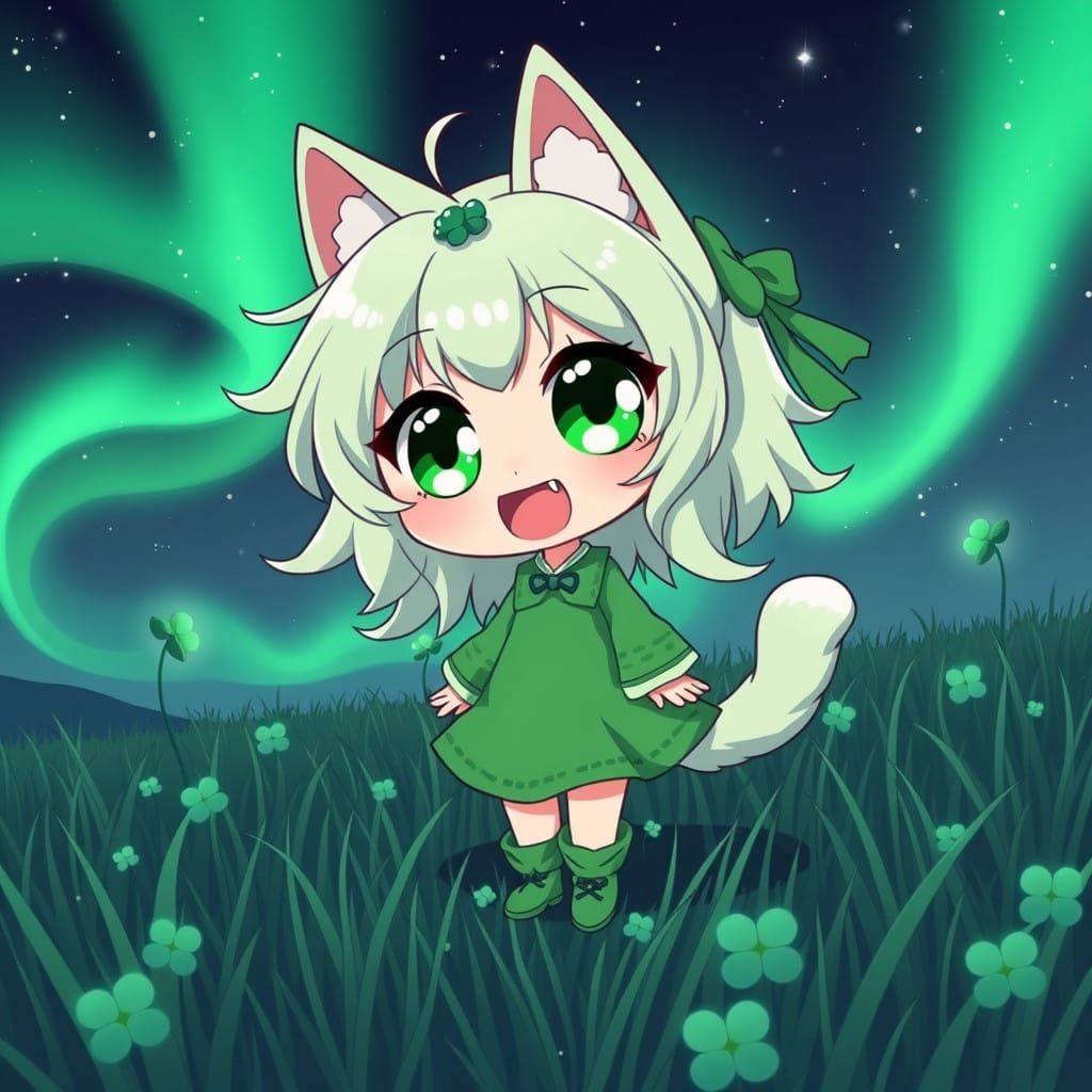 Whimsical Emerald Catgirl Dances Under Starry Night