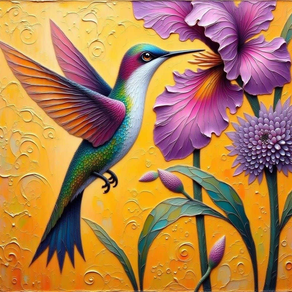 Magenta Hummingbird with Purple Flower, Abstract Expressioni...