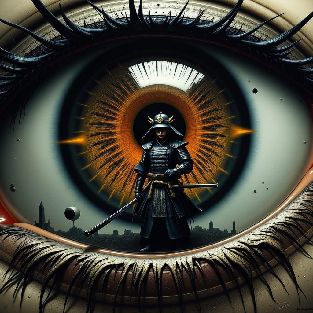Samurai in Giant Eye: Surreal Japanese Art