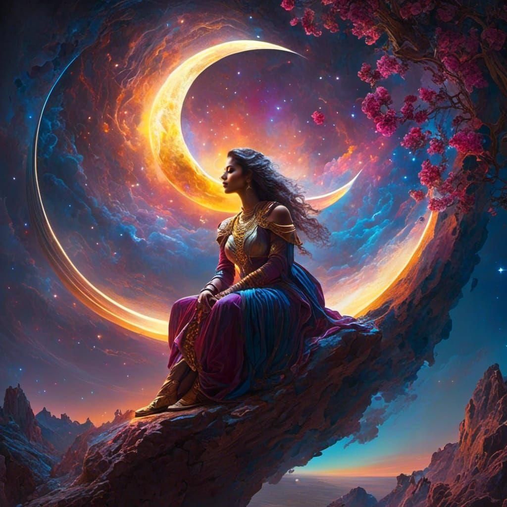 Celestial Woman on Moon in Mixed Media Painting