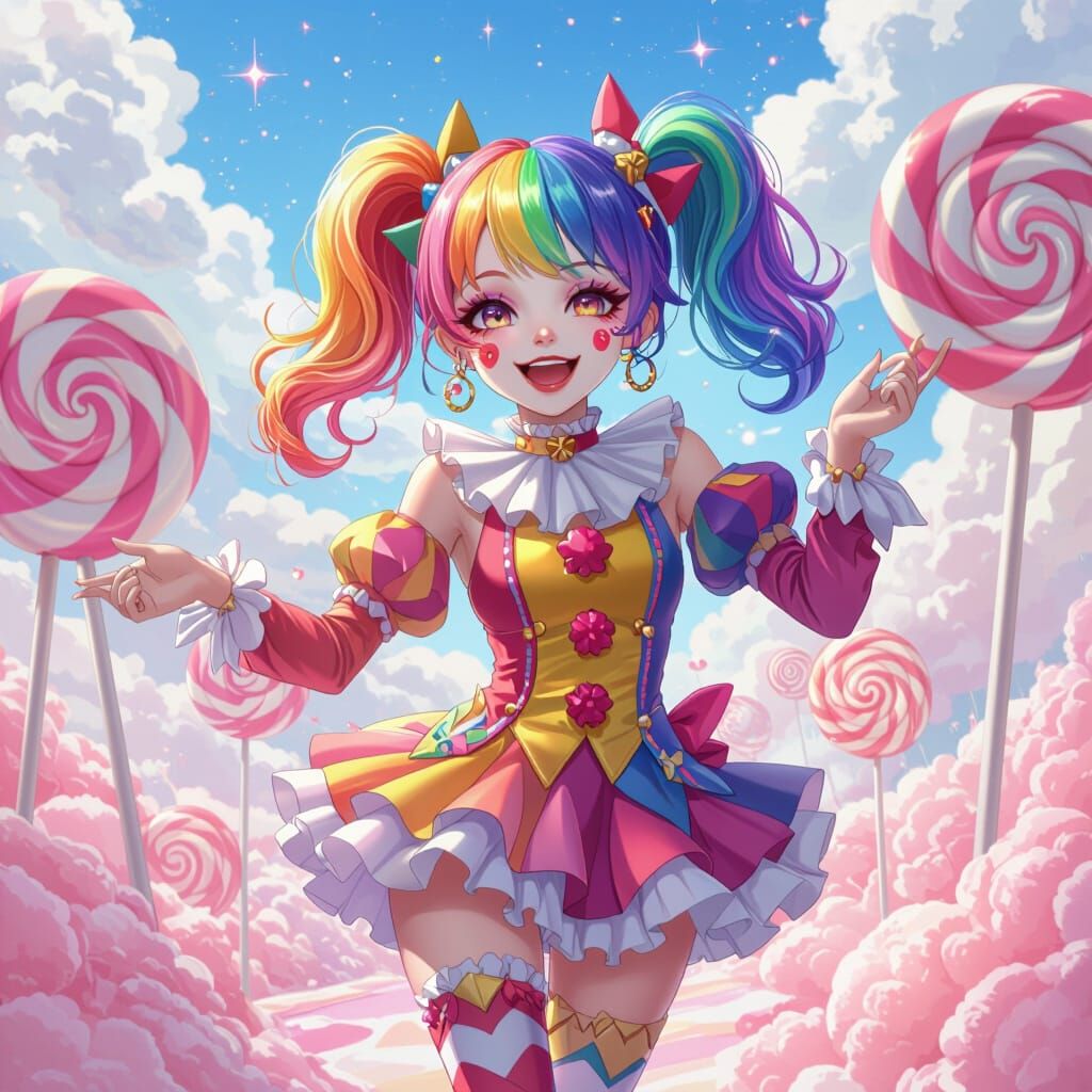 Anime Girl Jester Dancing in Dreamlike Candy Land