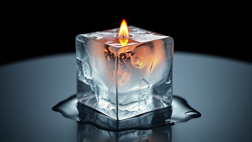 Melting Ice Cube with Flame, Photorealistic Style