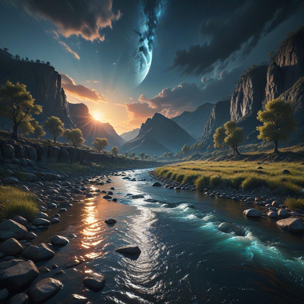 Day and Night River Landscape in Digital Painting