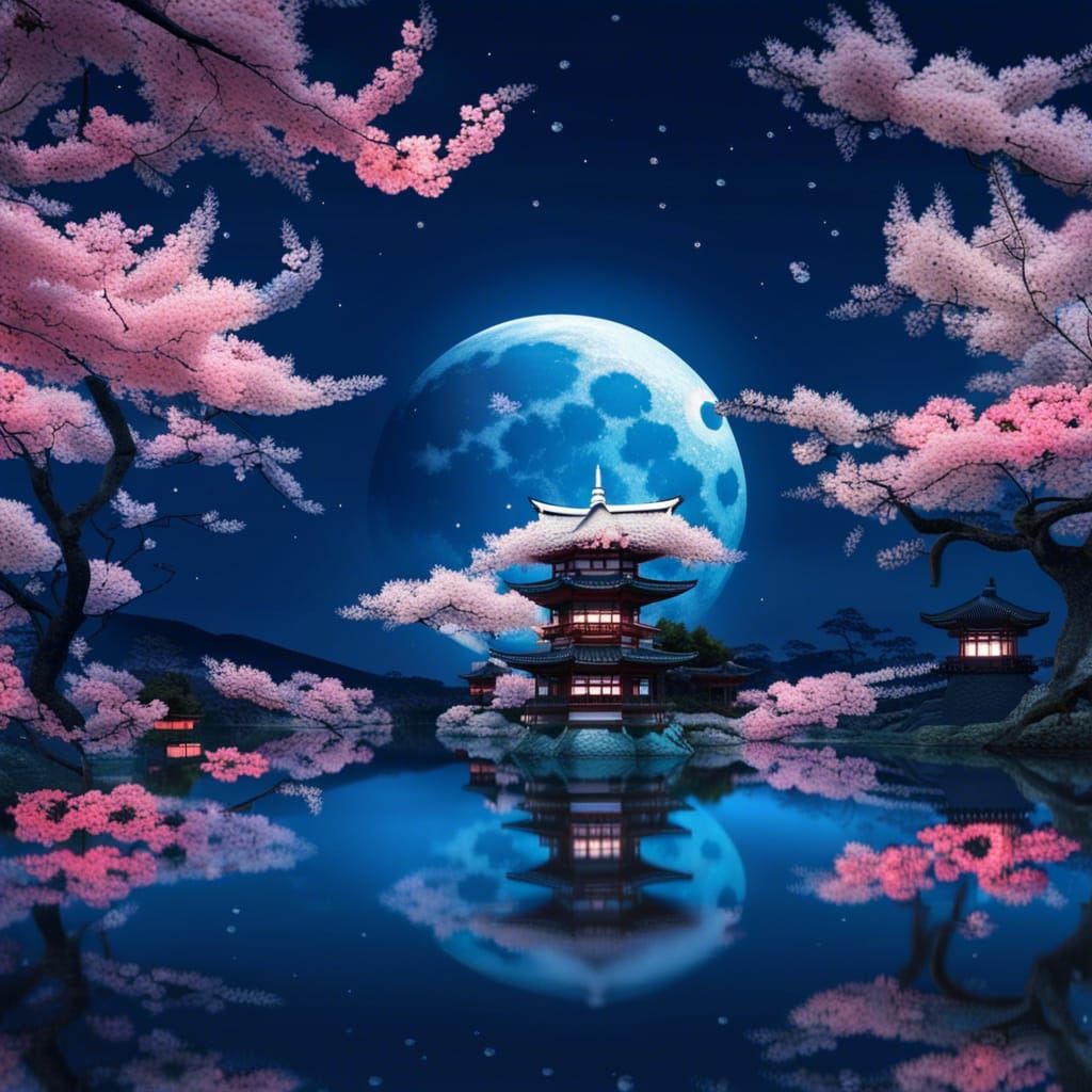 japanese world with cherry trees at night and a blue moon full HD