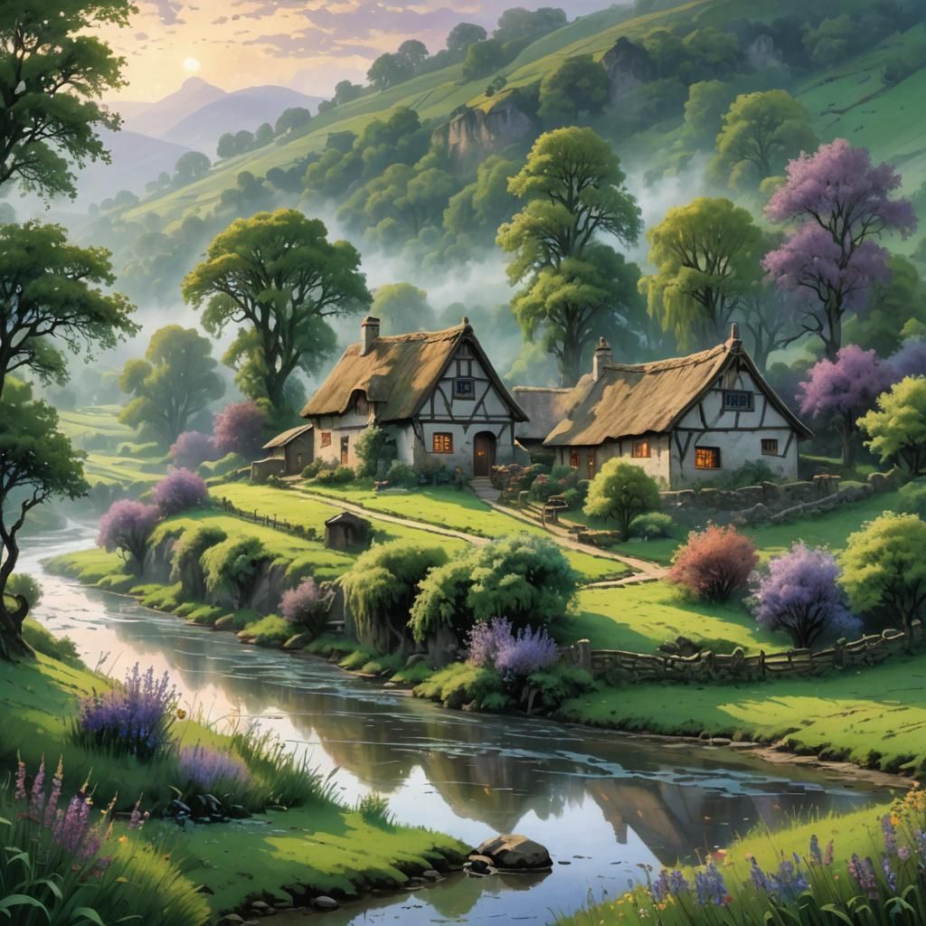 Misty Medieval Farm at Dawn in Fantasy Landscape