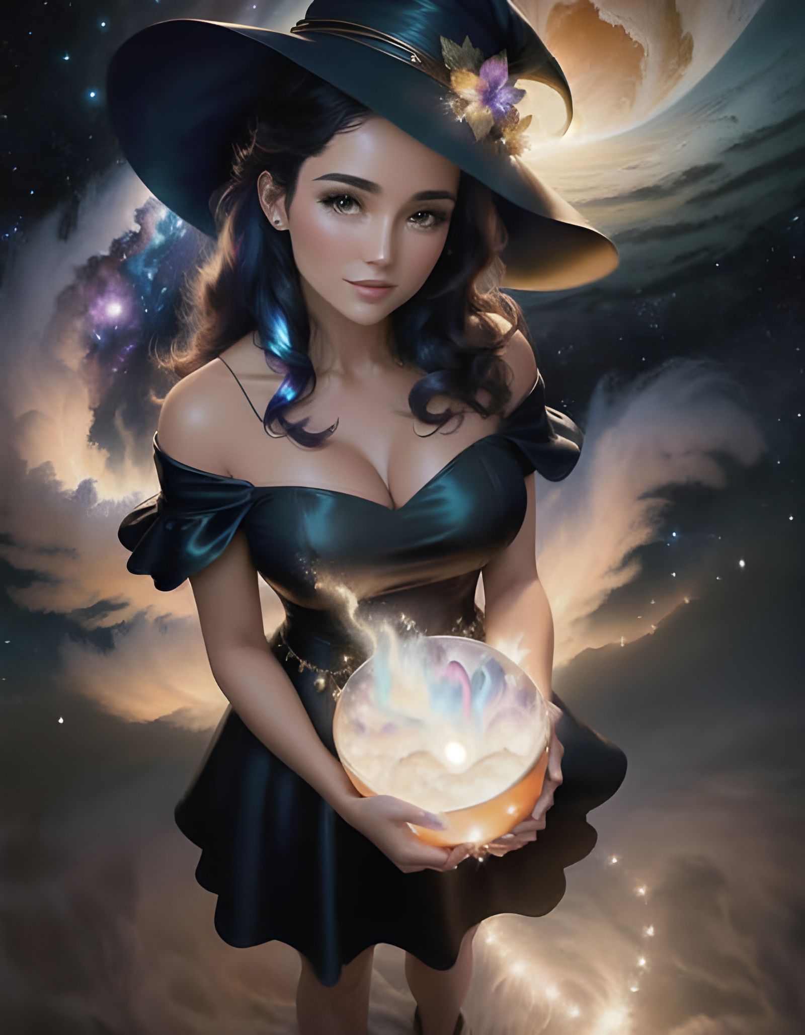 Cute Witch Cuddles Cat in Magical Character Art