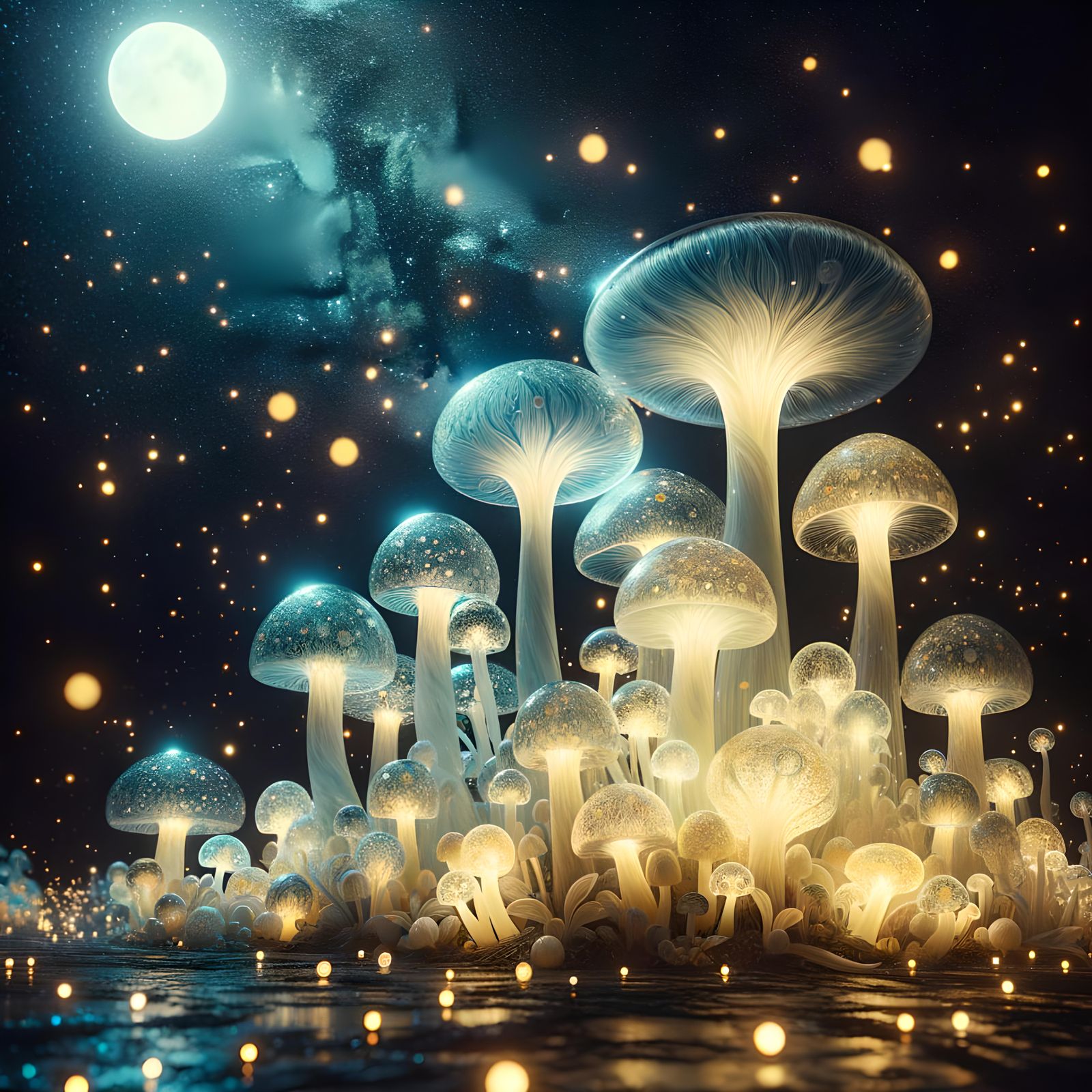 Bioluminescent Glass Mushroom Forest Under Moonlight
