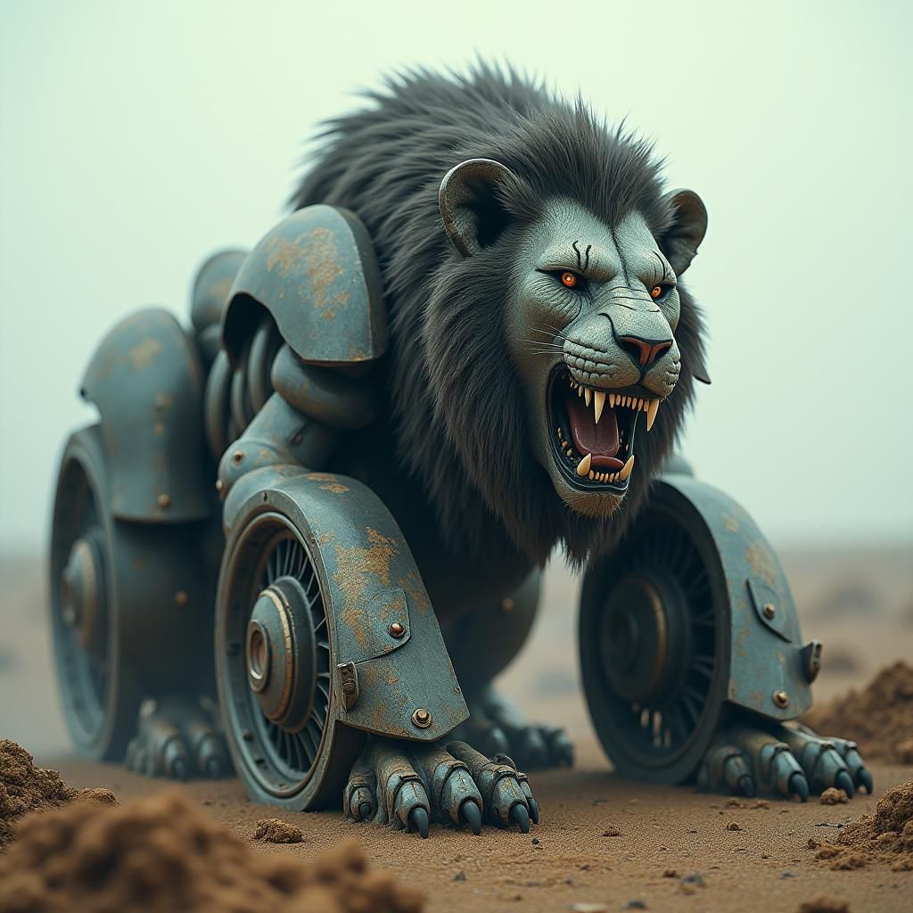 Dystopian Lion-BMW Hybrid Creature on 35mm Film