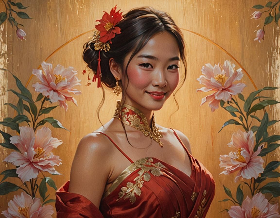 Beautiful Asian Woman Portrait in Oil Painting Style