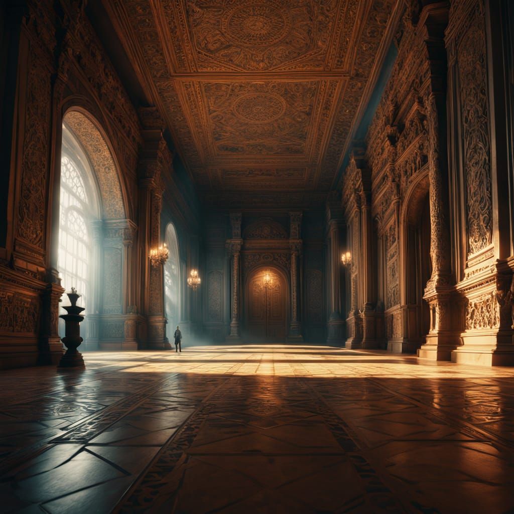 Surreal Golden Hallway with Ancient Stone Carvings and Mysti...