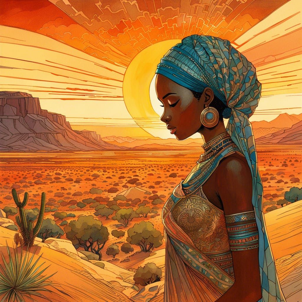 African Desert Sunset in Manga Watercolor Style