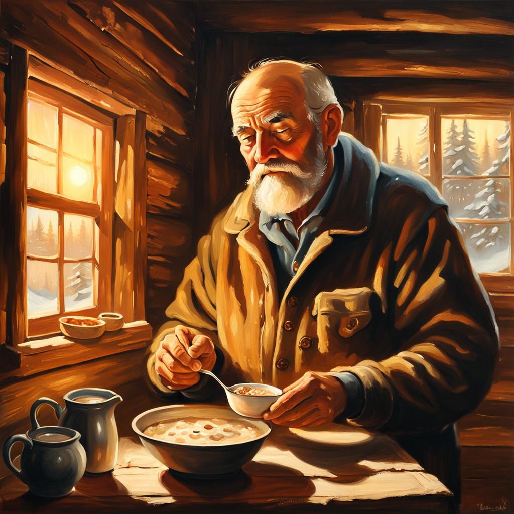 Cozy Cabin: Old Man Enjoys Oatmeal in Oil Painting Style