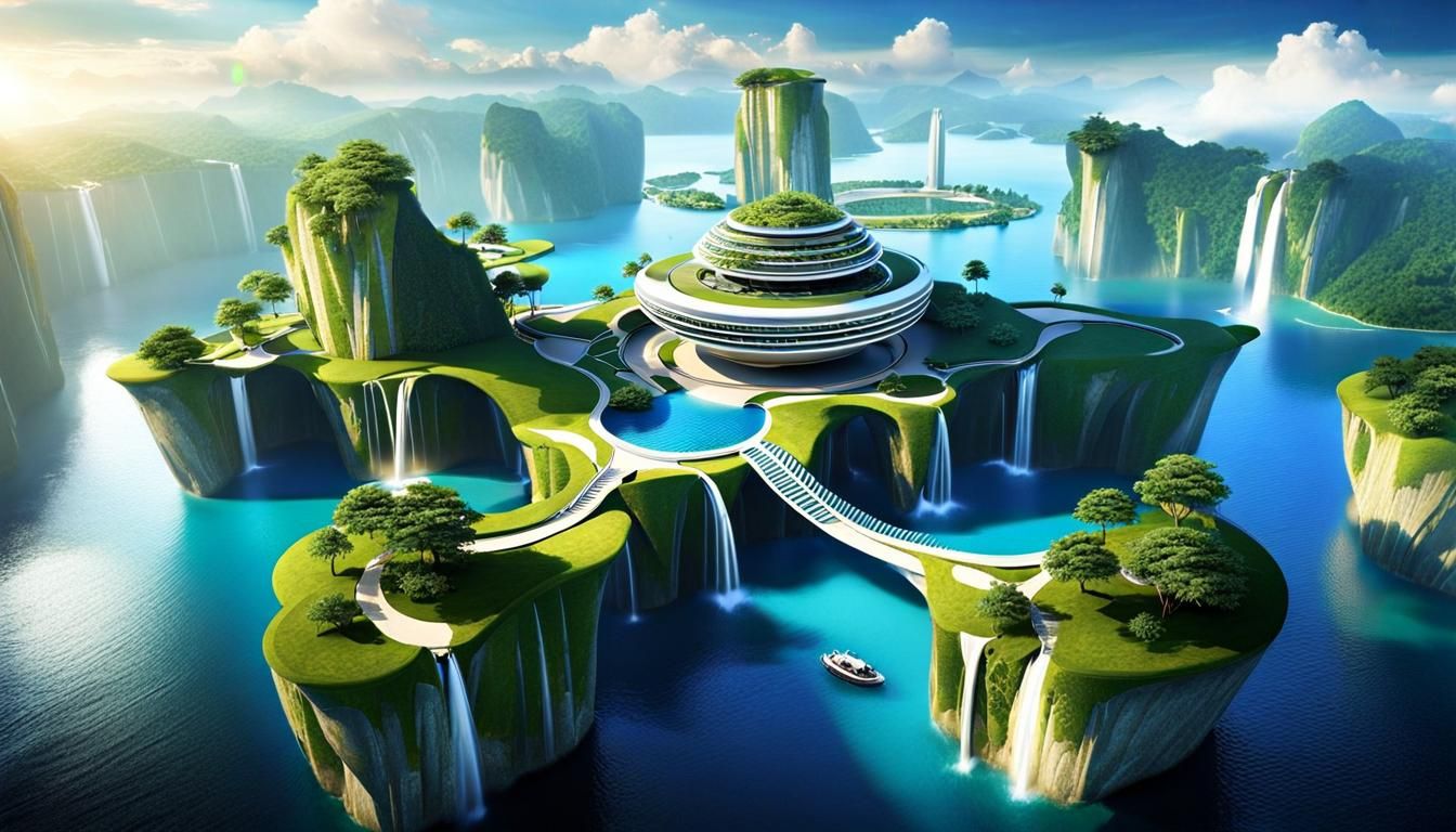 Waterfall Green Paradise - A futuristic utopia