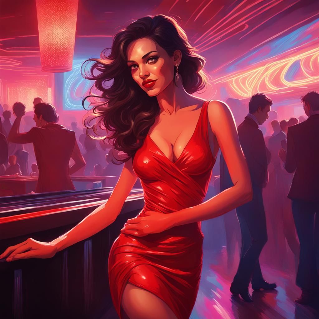 Brunette in Red Dress Dancing in 80s Neon Nightclub