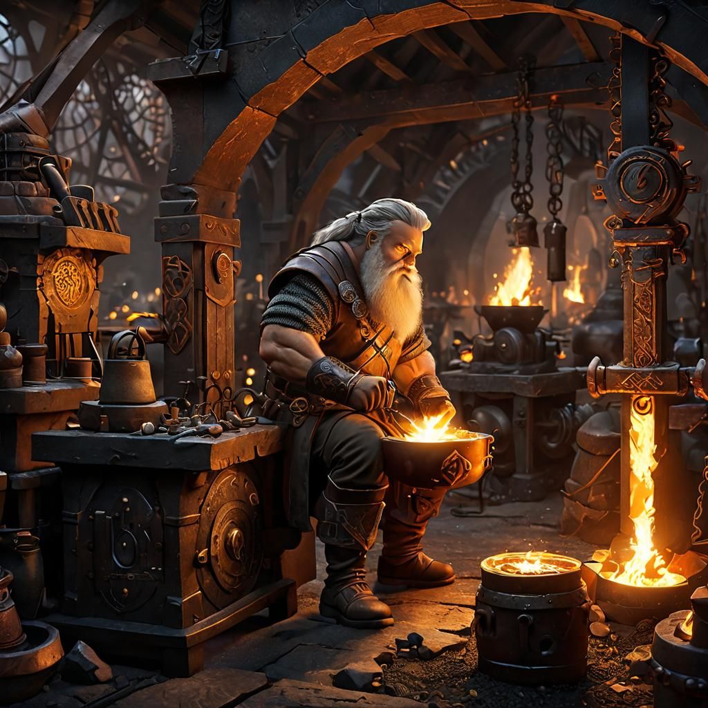 Dwarf Blacksmith in Ancient Forge: Digital Matte Painting