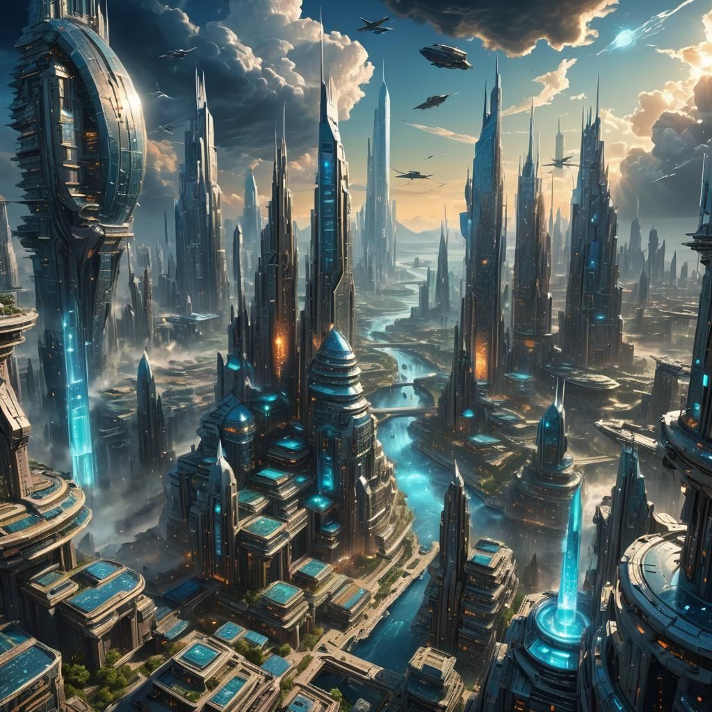 Cyberpunk Cityscape with Crystal Skyscrapers