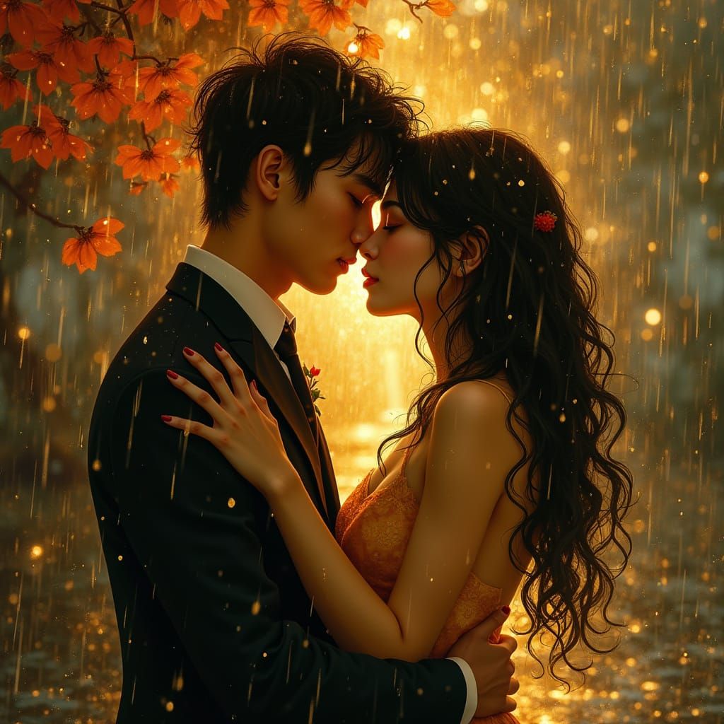 Romantic Couple Embrace in Rainy Art Nouveau Style