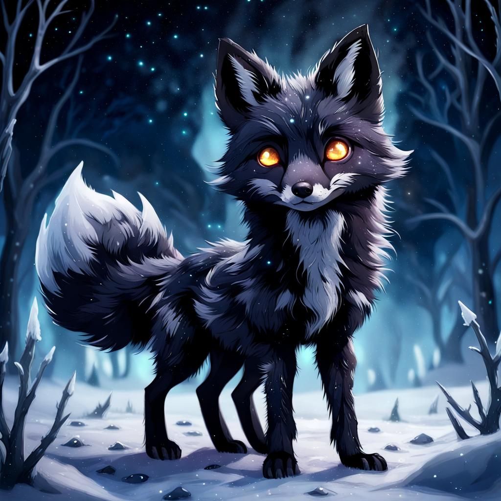 Undead Black Fox in Winter, Watercolor Style
