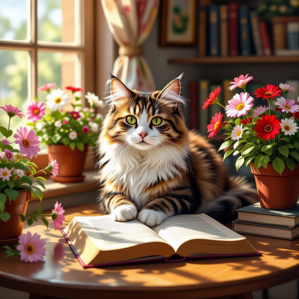 Cozy Interior Scene: Cat Among Flowers and Book