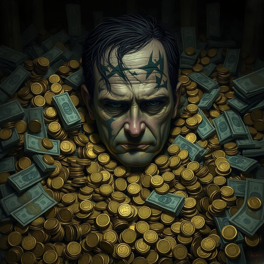 Greed's Toll: Wealthy Figure in Dramatic Gritty Style