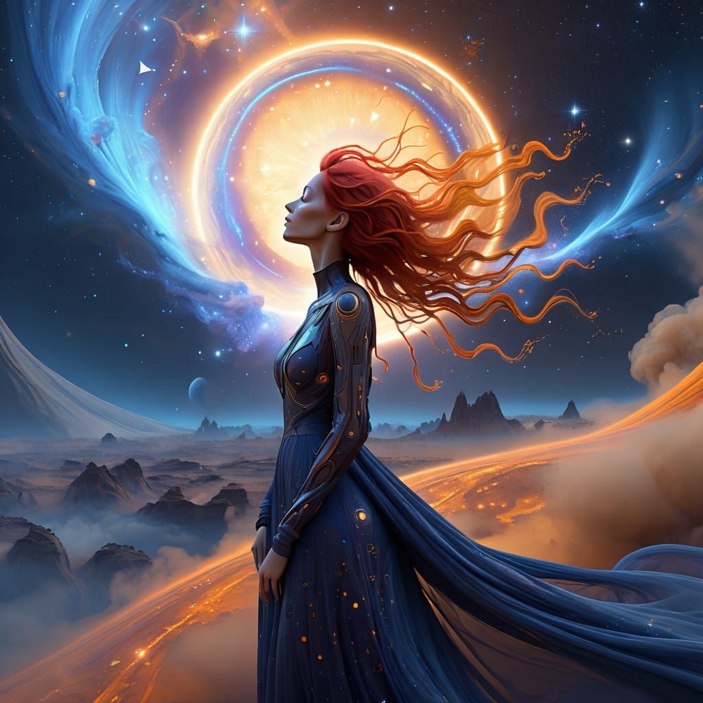 Celestial Woman in Iridescent Red Hair, Starlight Gown, and ...