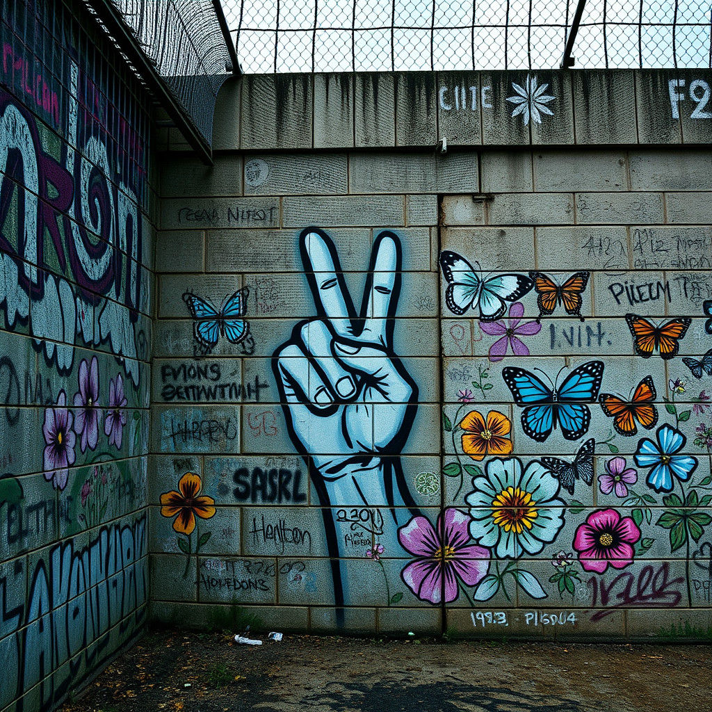 Graffiti-Covered Prison Wall with Flowers and Peace Sign