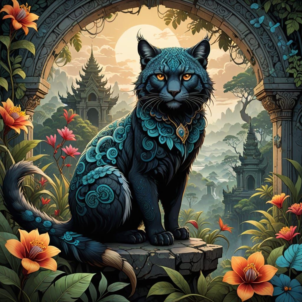 Majestic Ringed Lemur on Crumbling Cambodian Archway