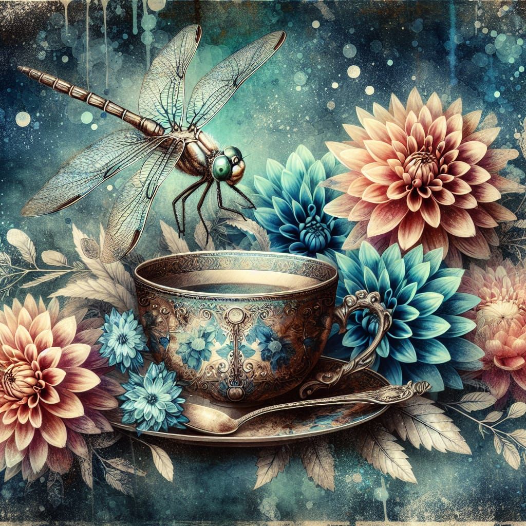 Steampunk Dragonfly Teacup with Dahlia Flowers
