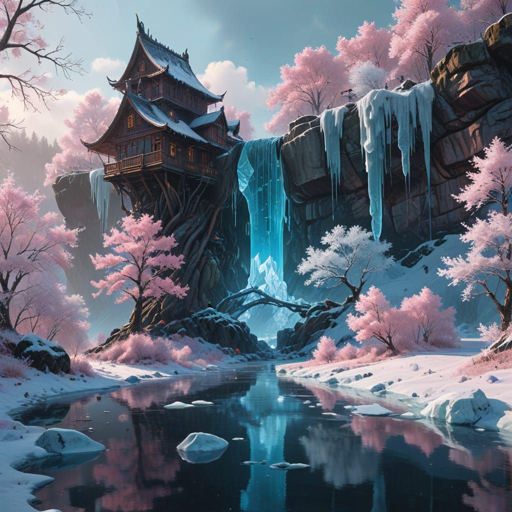 Ethereal Temple Amidst Icy Waterfall in Enchanted Evergreen...