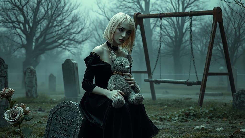 Goth Woman in Graveyard, Tim Burton Style
