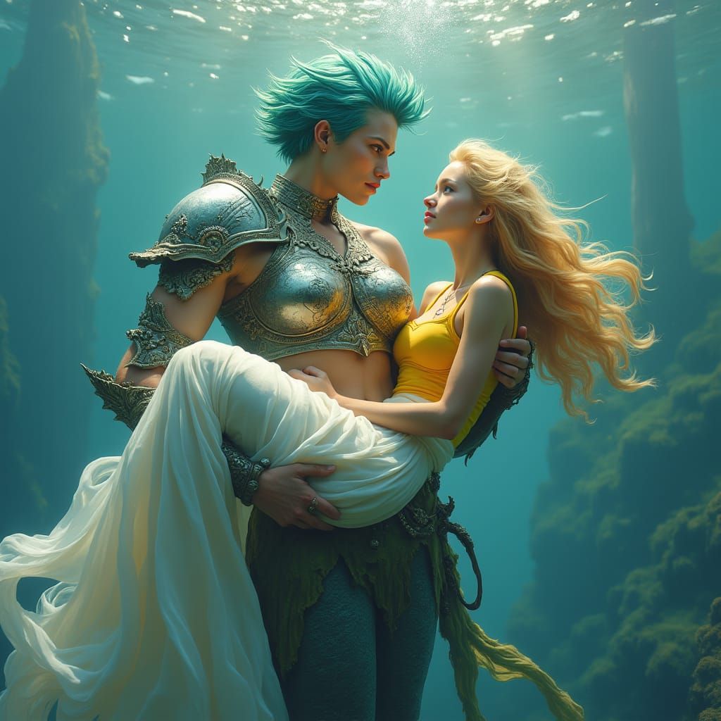 Mermaid Protects Human in Underwater Embrace