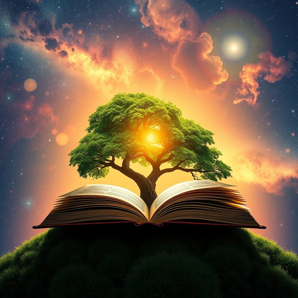Tree Towering Over Book with Vibrant Galaxy Background