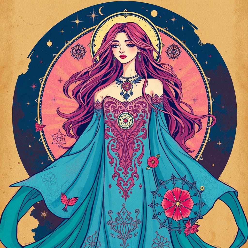 Sun goddess chic clipart, woman, mystical vibe, Blue, Pink and Beige dark blue and mahogany saturated colors, illustrat...