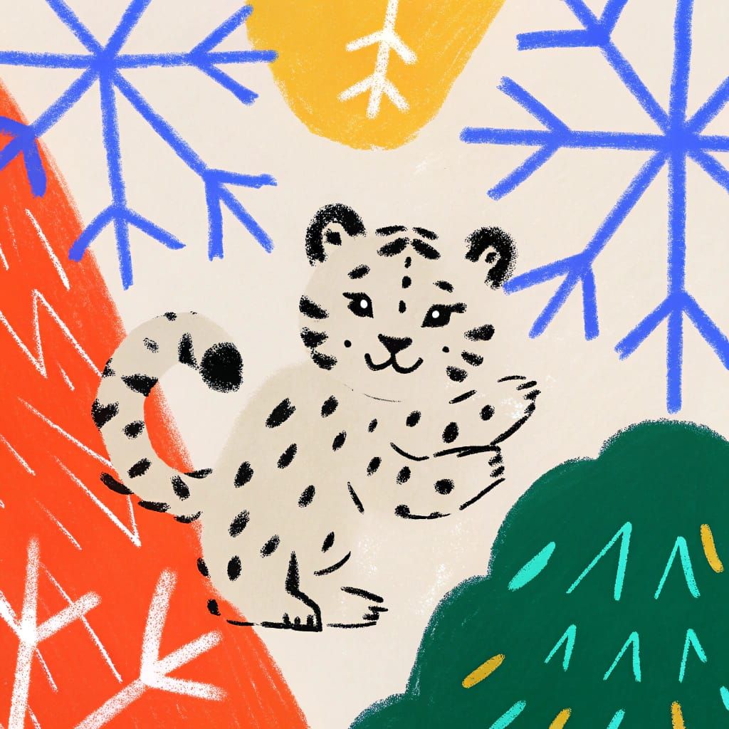 Enchanted Snow Leopard Cub in Whimsical Winter Wonderland