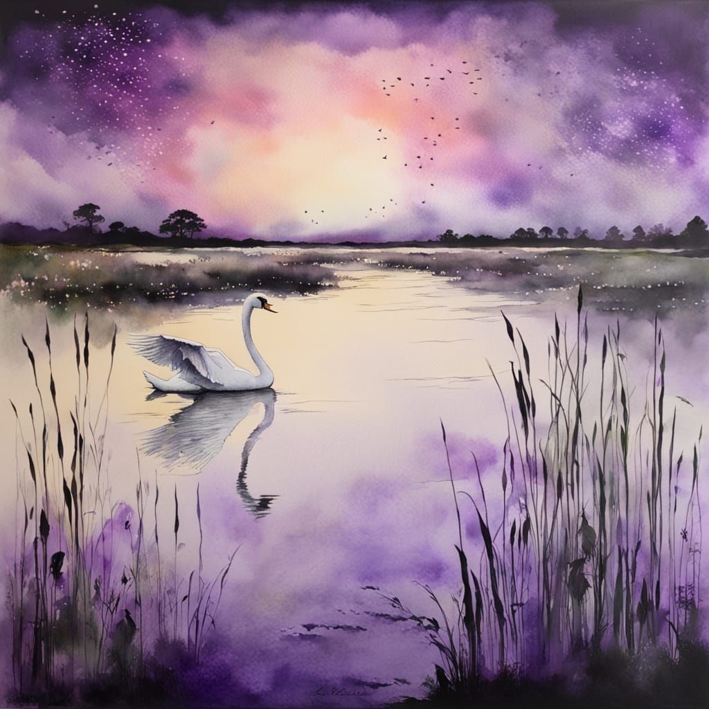 Ethereal Swan Soars Above Marshy Dawn