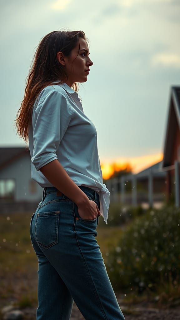 Woman in Hailstorm During Golden Hour, Science Fiction